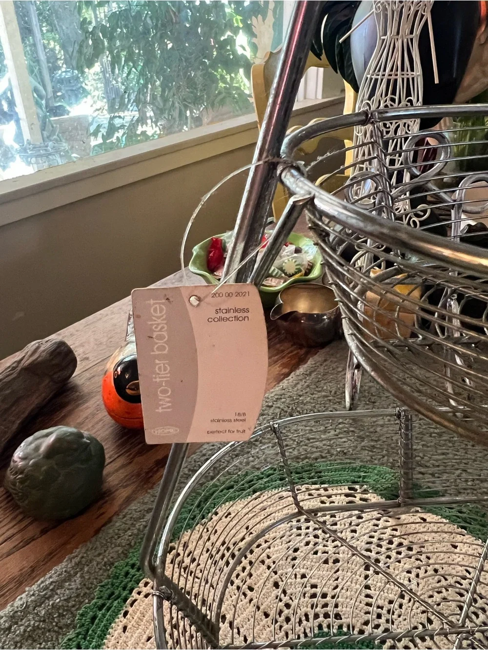 NOS Unique Oval Shaped Two-Tier Wire Basket Stand Stainless Steel Farmhouse